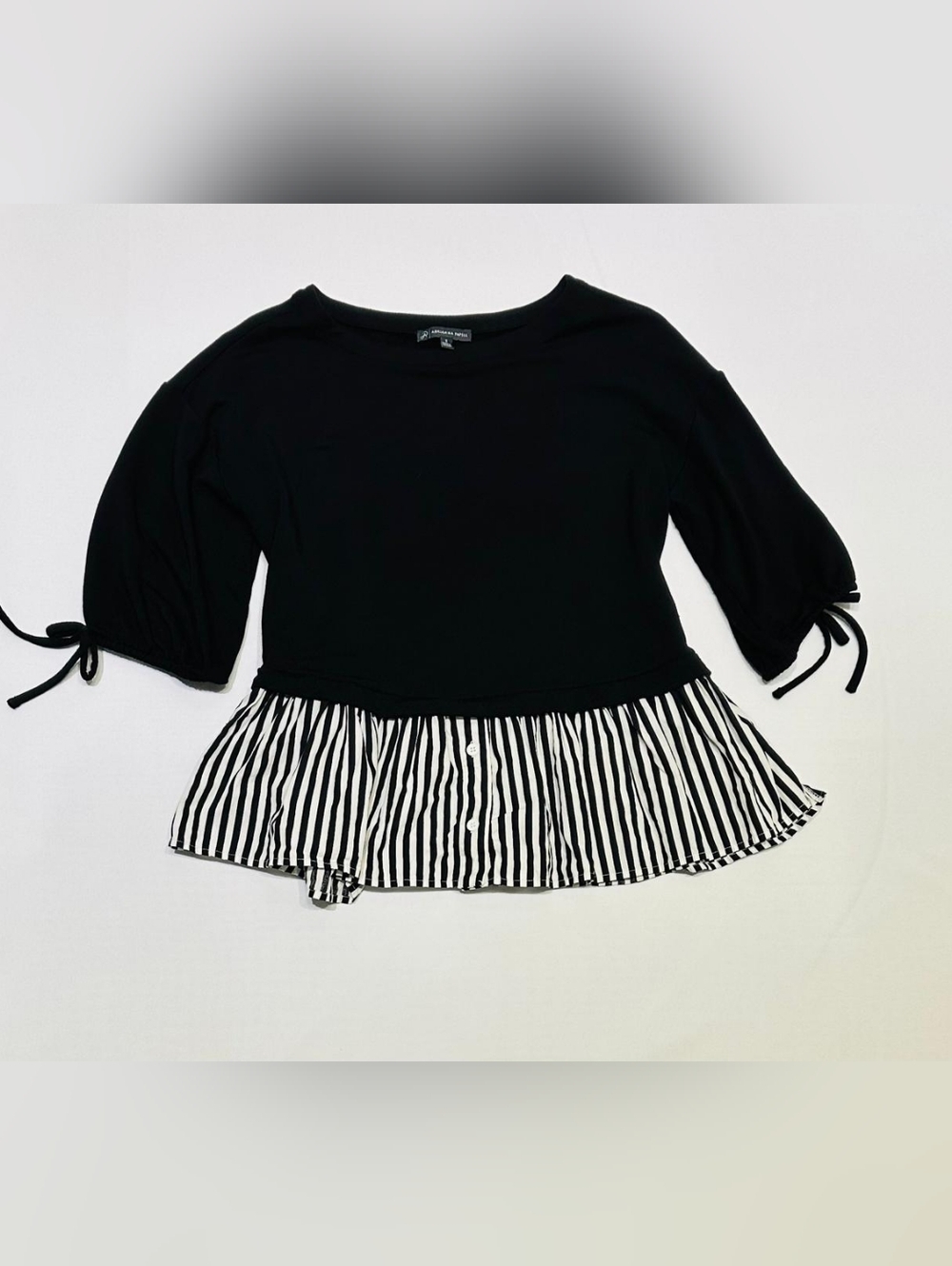 Adrianna Papell Black Peplum Top with Black-and-White Striped Hem